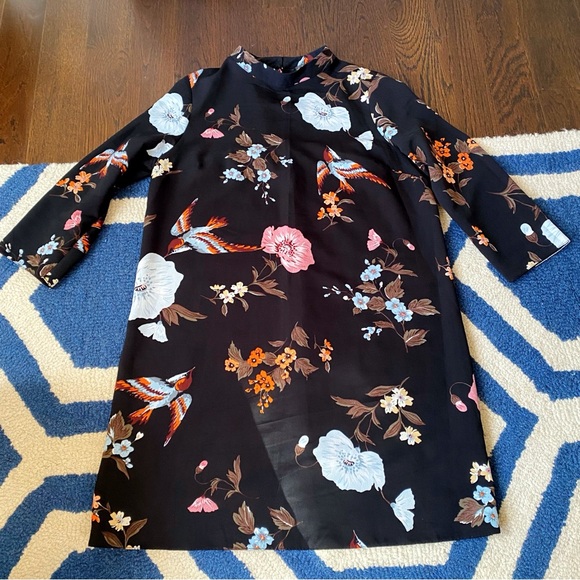 🖤 PRIMARK BOHO BLACK MULTI FLORAL BIRD CAPRI SLEEVE MOCK NECK MINI DRESS! - Picture 6 of 12